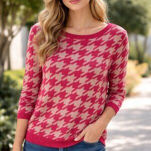 ANN TAYLOR Large Houndstooth Sweater Red Khaki Tan 3/4 Sleeve